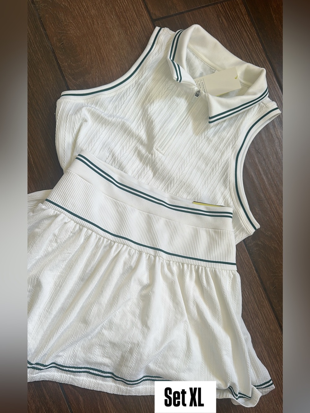 White Sleeveless Tennis skort and tank polo ( set )  with Green Stripe Trim